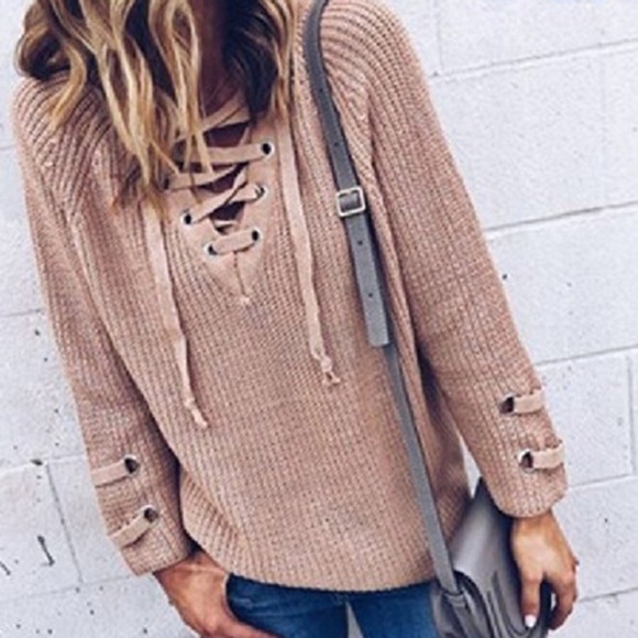 Khaki Lace-Up Sweater - Picture 1 of 1